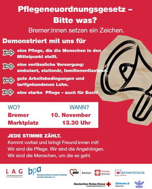 Demoplakat Pflegeneuordnungsgesetz - Bitte was?! Text ung Megaphon-Symbol