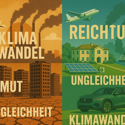Grafik mit Hochhäusern, rauchenden Fabrikschornsteinen, Solarpanels, SUV, Schiff, Windrad, Keywords: Klimawandel Armut Reichtum Ungleichheit