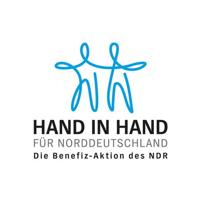 Grafik von 2 Personen in einer blauen Linie gezeichnet. Text: Hand in Hand für Norddeutschland Die Benefizaktion des NDR