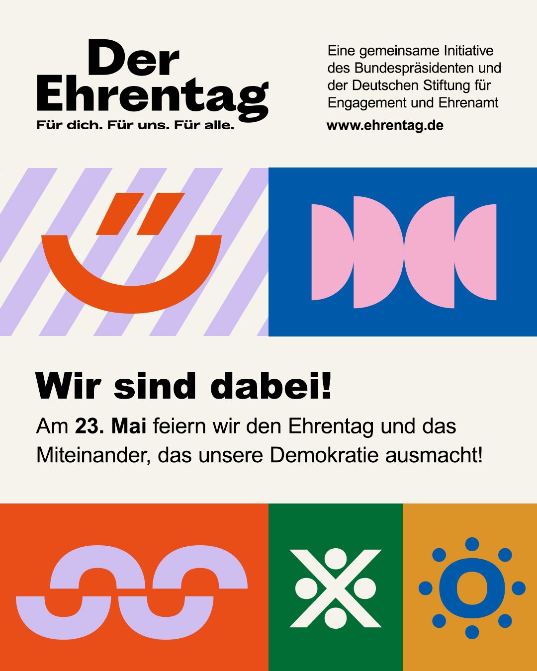 Plakat mit bunten grafischen Symbolen wie Smiley, Blume, Sonne. Der Ehrentag. Wir sind dabei